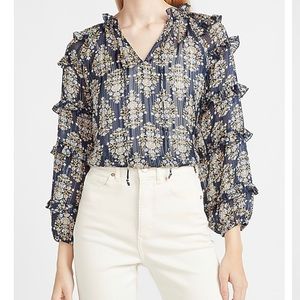 Metallic Floral Balloon Sleeve Top